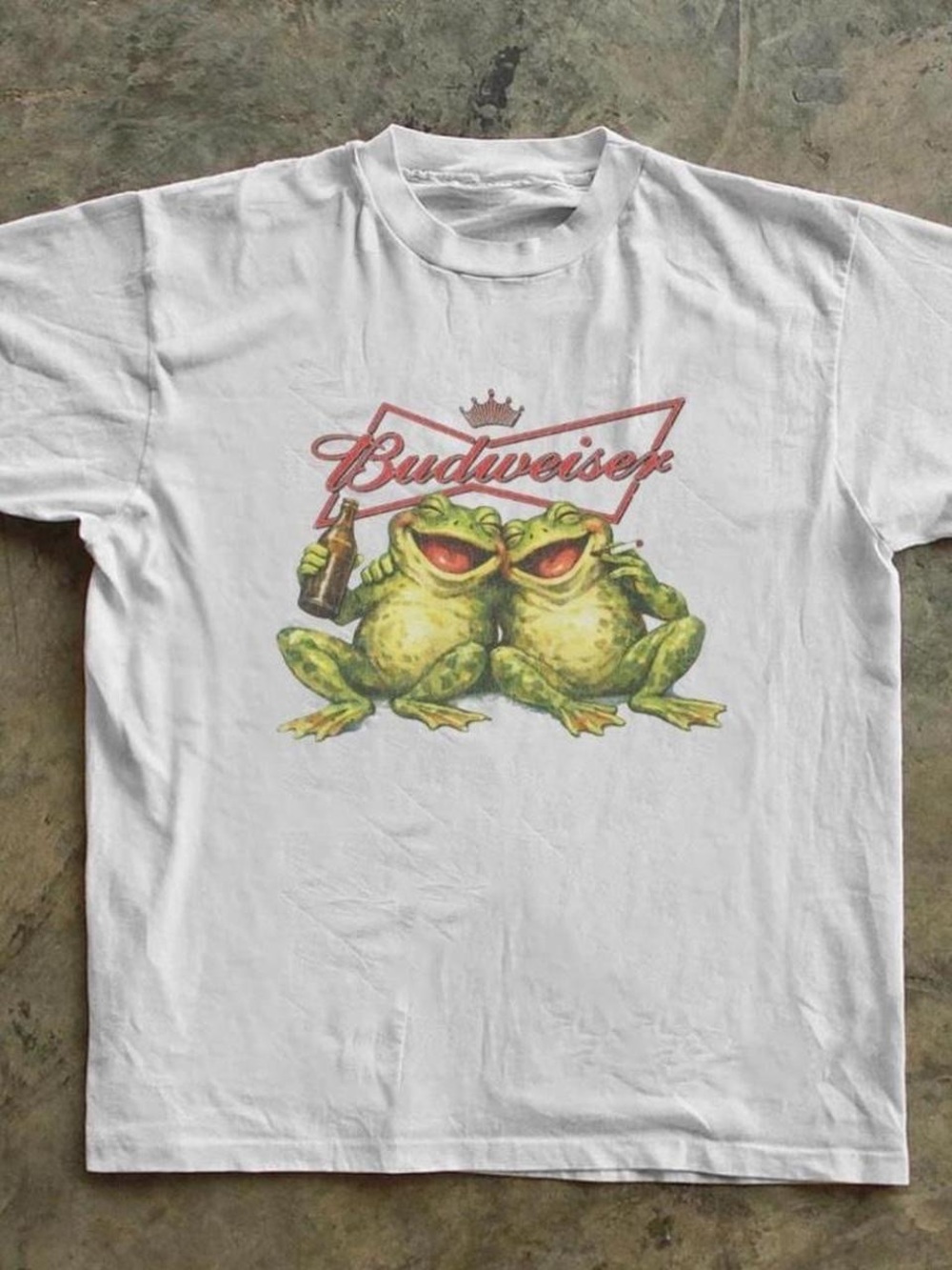 Gildan White Tee with Green Twin Frog Budweiser Graphic
